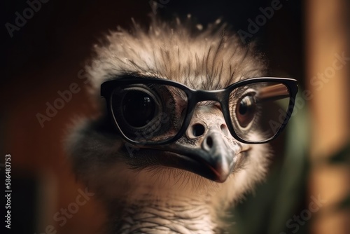 Ostrich business portrait dressed as a manager or ceo in a formal office business suit with glasses and tie. Ai generated