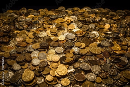 Background of ancient coins scattered in a pile. Financial background of golden coins  Generative AI.