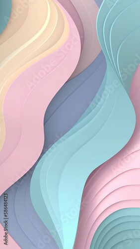 Abstract flat background, curve pattern, pastel colours, 3D illustration. Colorful wavy paper cut texture. Smartphone wallpaper with curved layers. Origami art. Layout template. Image is AI generated.