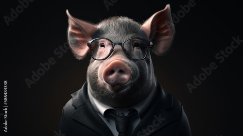 Vertical shot of pig in suit, spirit animal Generative AI
