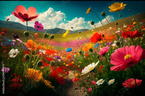 Floral field of bright spring plants of different colors, summer meadow landscape with flowers and blue sky sun. Generative AI. © VICHIZH