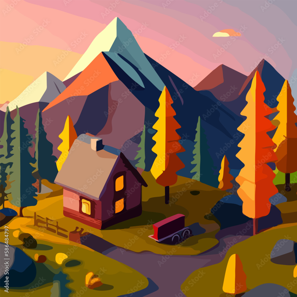 Cartoon drawing of a landscape of a hut against the backdrop of mountains and trees at sunset. For your design