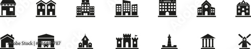 Building icon. Set of building icons on white background.