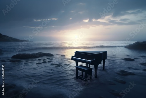 Surreal sea scene with piano on the water at dusk. Generative ai © cac_tus