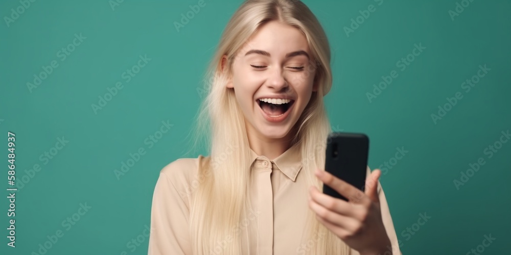 Lachende Geschäftsfrau mit hübschen Gesicht und Handy freut sich über Nachricht, ai generativ Lachende Geschäftsfrau mit hübschen Gesicht und Handy freut sich über Nachricht, ai generativ