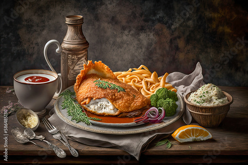 Fried sliced weiner schnitzel on a wooden board with herbs. Black background. Top view - Generative AI