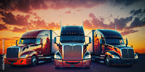 Semi-trailer trucks parked at sunset sky - Generative AI