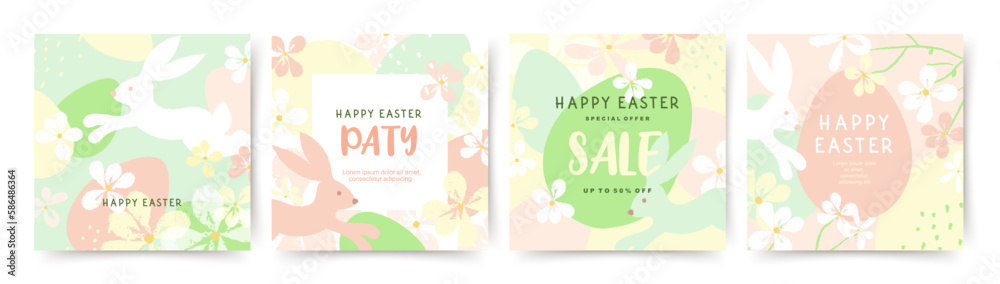 Easter floral square backgrounds. Cute bunny, flowers and eggs in pastel colors. Vector templates in flat style for social media post, mobile app, card, invitation, sale banner and poster design