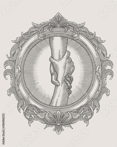 Helping hand concept. sign of help and hope. Two hands taking each other in antique frame engraving style