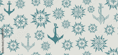 Compass Wind rose, Anchor, pattern, hand drawn Illustration.	
