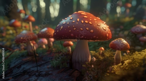 Mushrooms in closeup on the ground. Generative AI