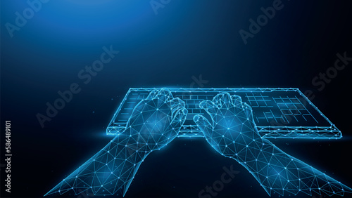 Polygonal vector illustration of hands and computer keyboard on a dark blue background.