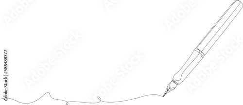Fountain pen continuous one line drawing. Writing or signing document using vintage ink pen. Vector illustration.