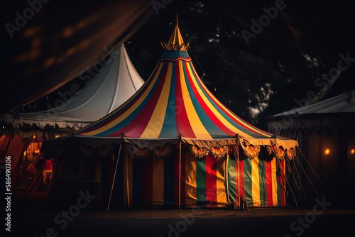 striped circus tent in afternoon. digital art illustration. generative AI.