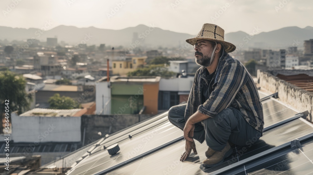 Solar expert installing green energy panels for sustainable living captured candidly on a roof. Generative AI