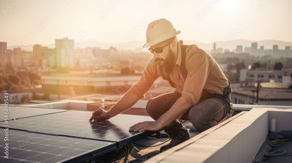 Solar expert installing green energy panels for sustainable living captured candidly on a roof. Generative AI Solar expert installing green energy panels for sustainable living captured candidly on a roof. Generative AI