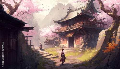 a small village between the mountains, Sakura and her allies seek refuge in a hidden village, Generate Ai