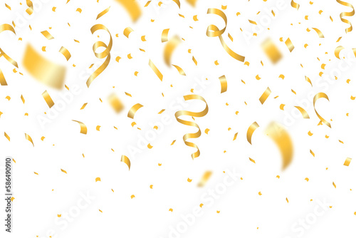 Golden confetti and festive ribbons. Falling realistic glitters with confetti, defocused and bokeh effect