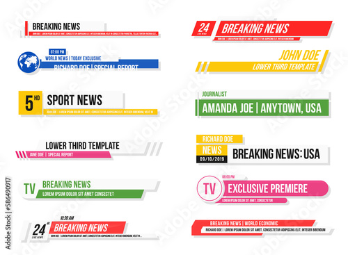 Lower third template. Set of TV banners and bars for news and sport channels, streaming and broadcasting. Collection of lower third for video editing