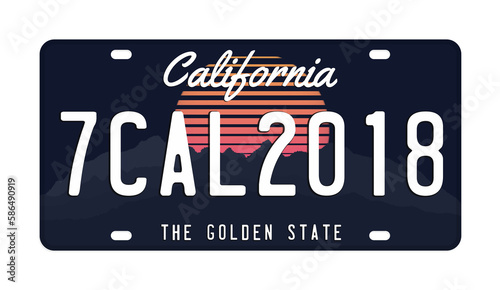 License plate isolated on white background. Abstract California license plate with numbers and letters