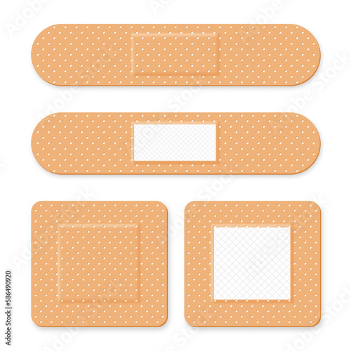 Medical patch, adhesive bandage. Set of elastic medical plasters in different shapes. Realistic first aid band plasters
