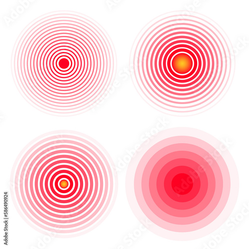 Set of pain localization mark. Abstract symbol of pain. Red circles for marking human pain. Headache, hurt body part marker, muscular joint pain