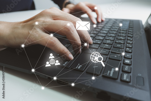 Concept of using digital media, technology, social media online surfing, woman's hand using laptop to use the internet, check email.