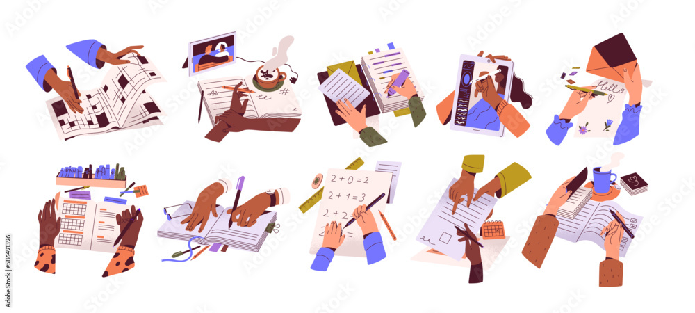 Hands with papers, pens set. Writing letters, taking notes in diaries, journals, planners, drawing on tablet, signing document, doing homework. Flat vector illustrations isolated on white background