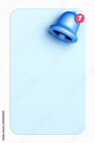 3d render yellow ringing bell with new notification for social media reminder. Message form near the bell. 3d rendering illustration