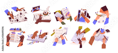 Hands with papers, pens set. Writing letters, taking notes in diaries, journals, planners, drawing on tablet, signing document, doing homework. Flat vector illustrations isolated on white background
