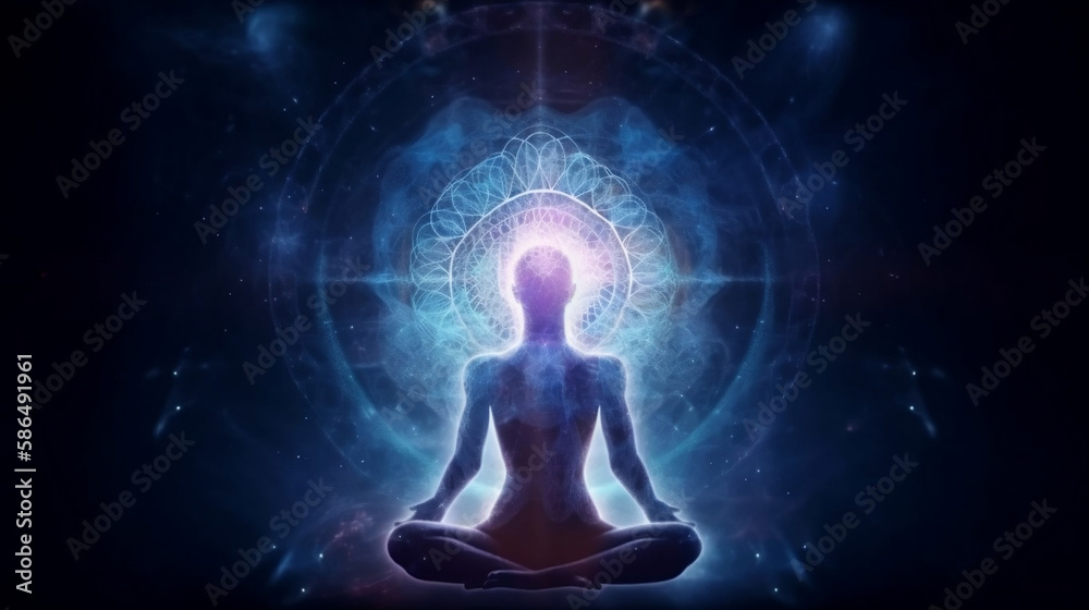 Concept of meditation and spiritual practice, expanding of consciousness, chakras and astral body activation, mystical inspiration image, generative ai Concept of meditation and spiritual practice, expanding of consciousness, chakras and astral body activation, mystical inspiration image, generative ai