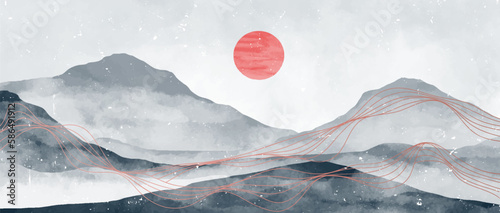 Blue Mountain landscape watercolor painting illustration. Abstract contemporary aesthetic backgrounds landscapes. with mountains, hill, sun and line art