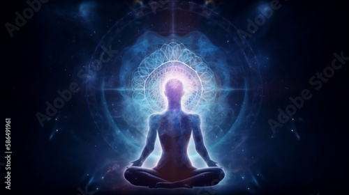 Concept of meditation and spiritual practice, expanding of consciousness, chakras and astral body activation, mystical inspiration image, generative ai