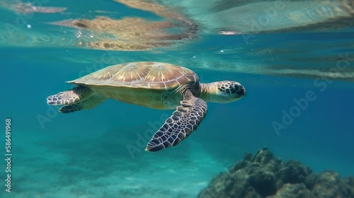 Wasserschildkröte in blauem Wasser, generative AI