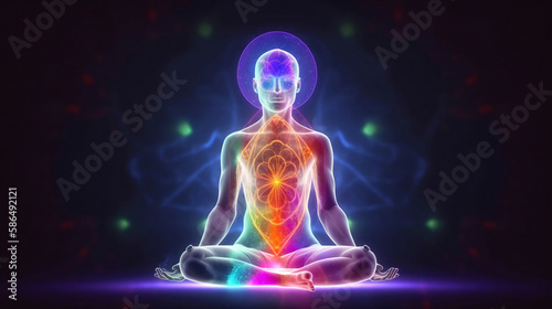 Concept of meditation and spiritual practice, expanding of consciousness, chakras and astral body activation, mystical inspiration image. Generative AI.