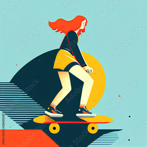 woman skateboarding flat illustration generative AI