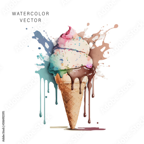 vector illustration of ice cream cone in watercolor style for your design