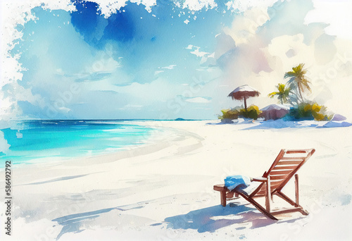 Beautiful tranquil white sand beach with beach chair generative AI