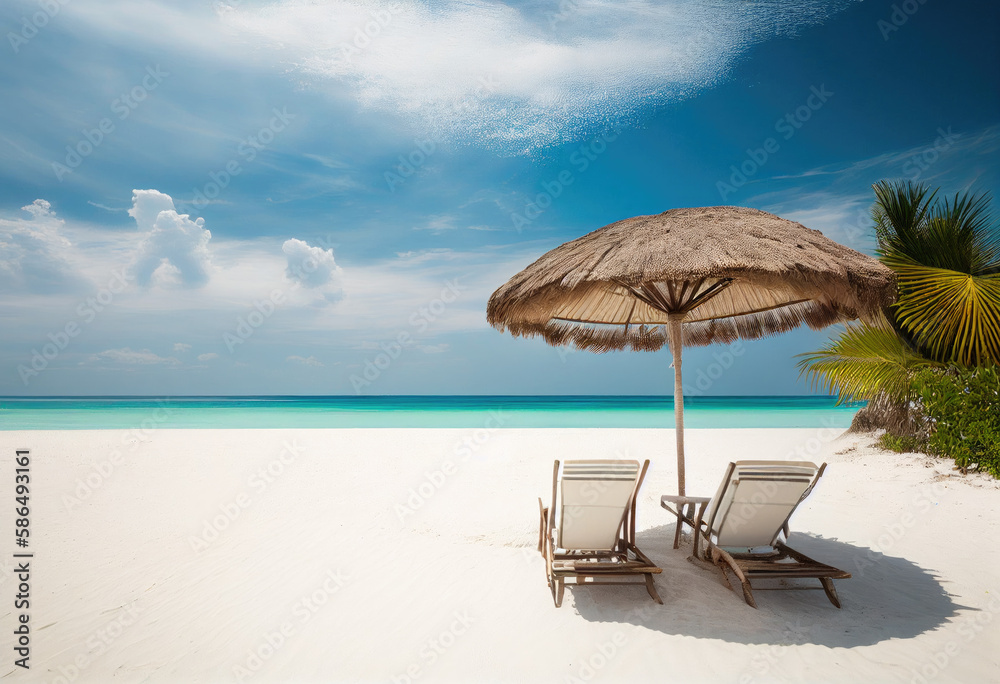 Beautiful tranquil white sand beach with two beach chair and thatched umbrella generative AI