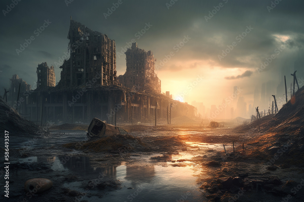 illustration view of cities after the apocalypse caused by atomic bombs, created with Generative AI Technology illustration view of cities after the apocalypse caused by atomic bombs, created with Generative AI Technology