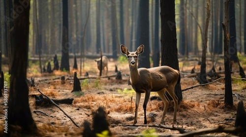 deer in past and future forest, climate change crisis, global warming impact on nature. Generative AI.