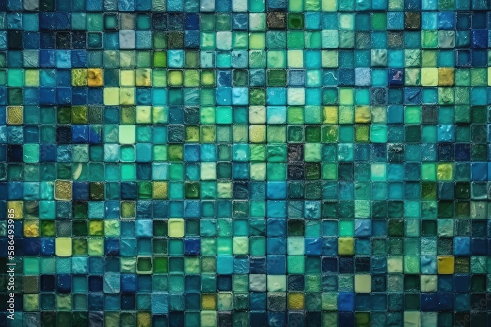 vibrant blue and green tiled wall in close up. Generative AI