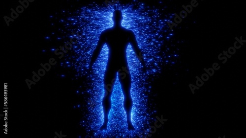 Glowing man with electric energy stream background. Silhouette of male surrounded with sparkling blue energy field. 3d render illustration. 