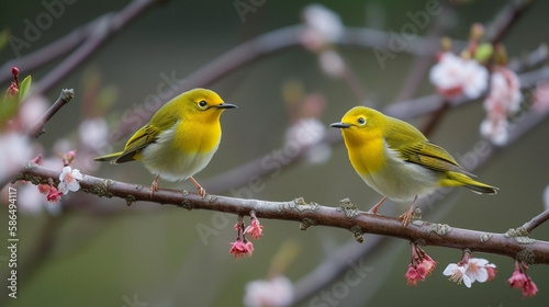 two yellow birds on branch in spring, created with Generative AI Technology