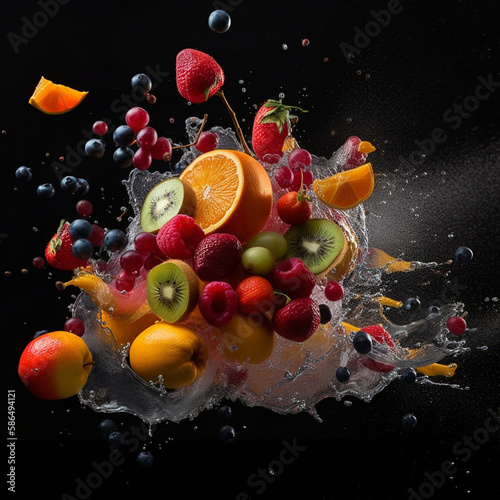 Colorful explosion of oranges, strawberries, blueberries, kiwis and more, suspended mid-air and frozen in time