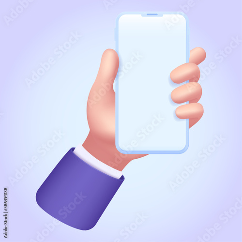 3d render hand of businessman holds phone. Phone application, smartphone, mobile web site mockup template. Three-dimensional vector illustration set for web site, banner, landing page.