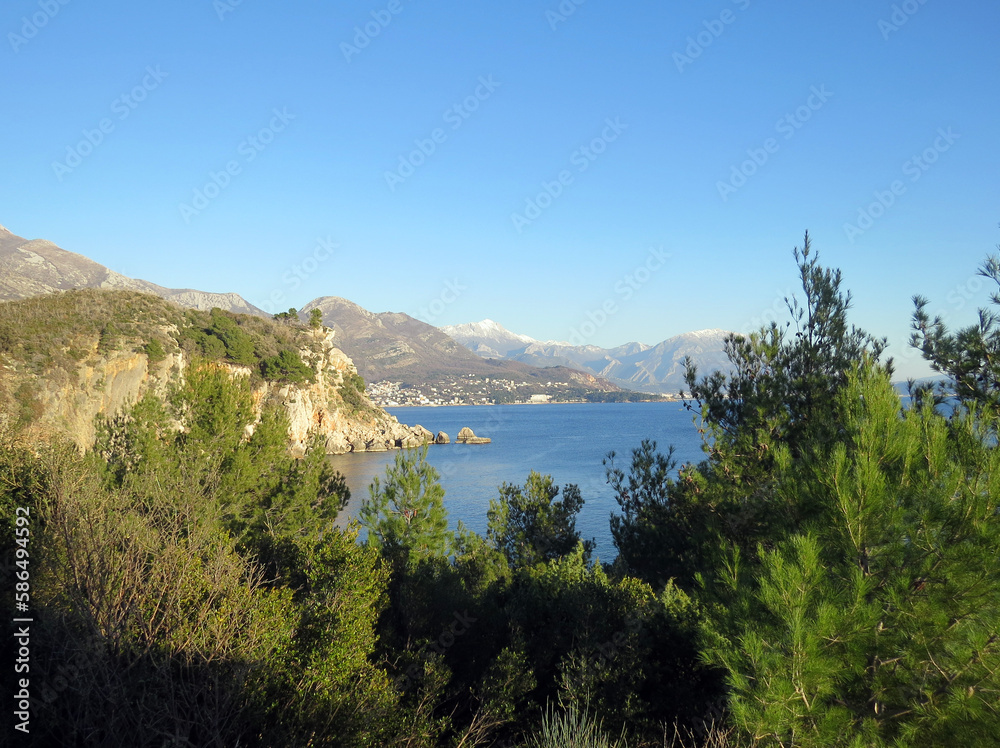 View at Sutomore in Montenegro from a natural setting with blue sky and sea