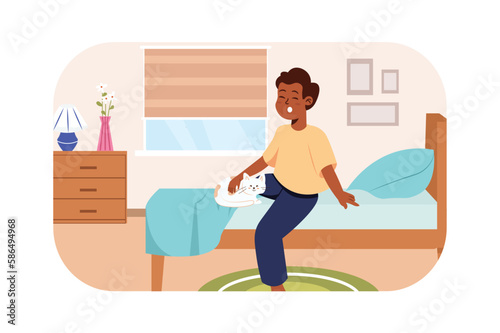 Morning kids concept with people scene in the flat cartoon style. Little boy Wake up in the morning with his cat. Vector illustration.