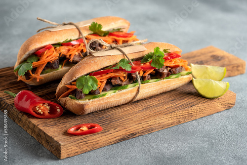 Banh mi, vietnamese sandwich, side view, selective focus.
