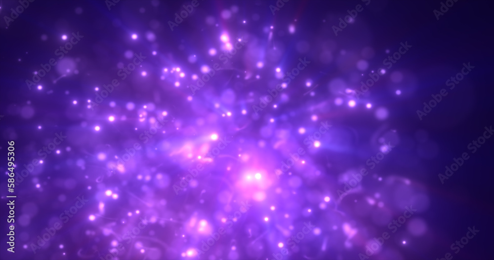 Abstract purple energy particles and dots glowing flying sparks festive with bokeh effect and blur background